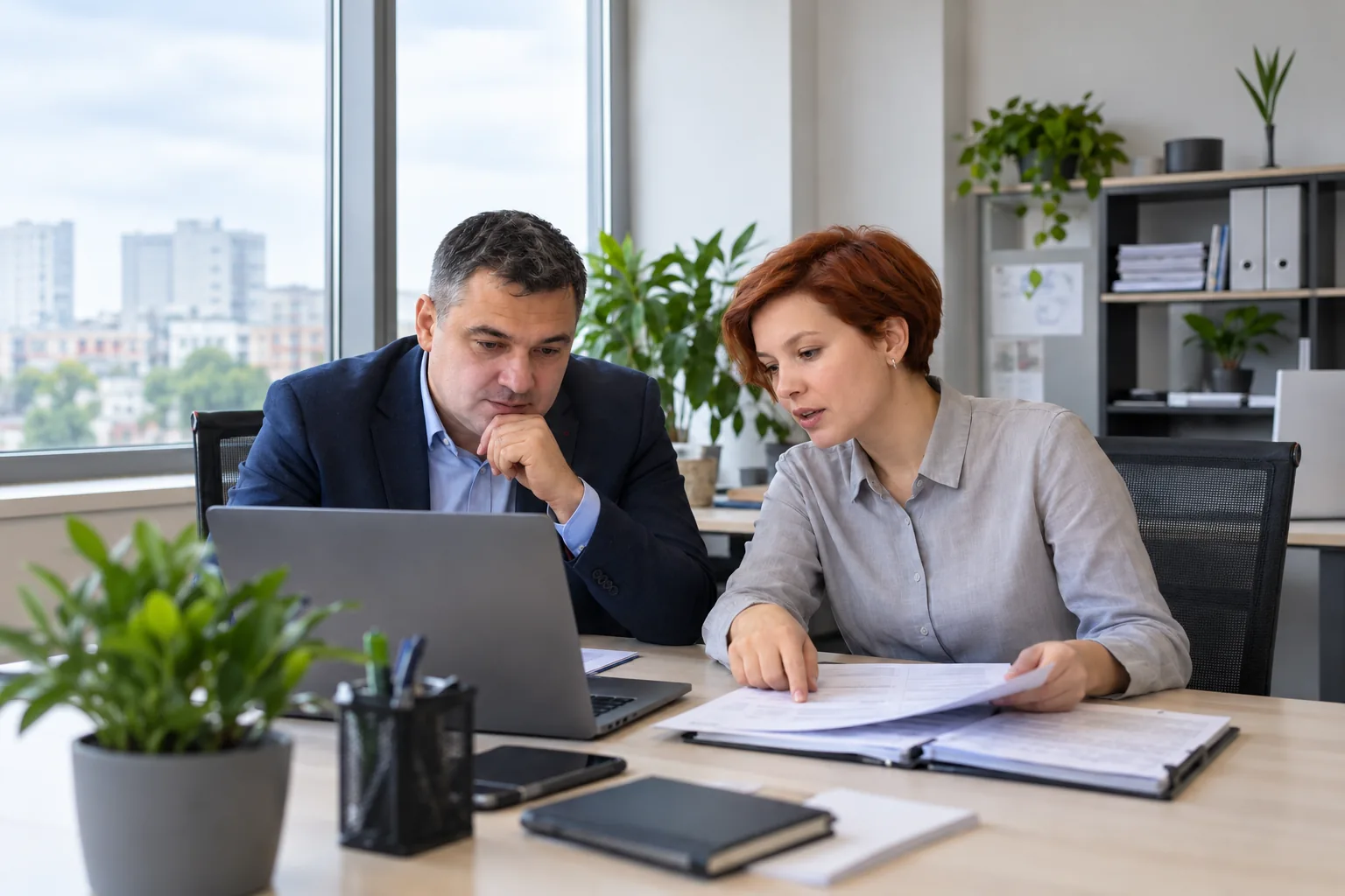A business owner and a developer review a prototype against a checklist