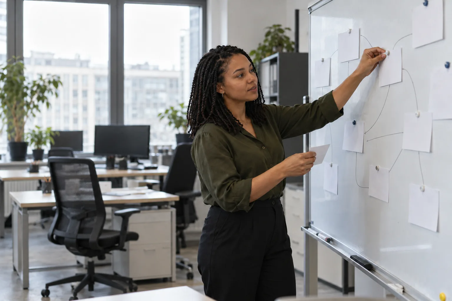 A manager lays out cards of companies and the connections between them on a board