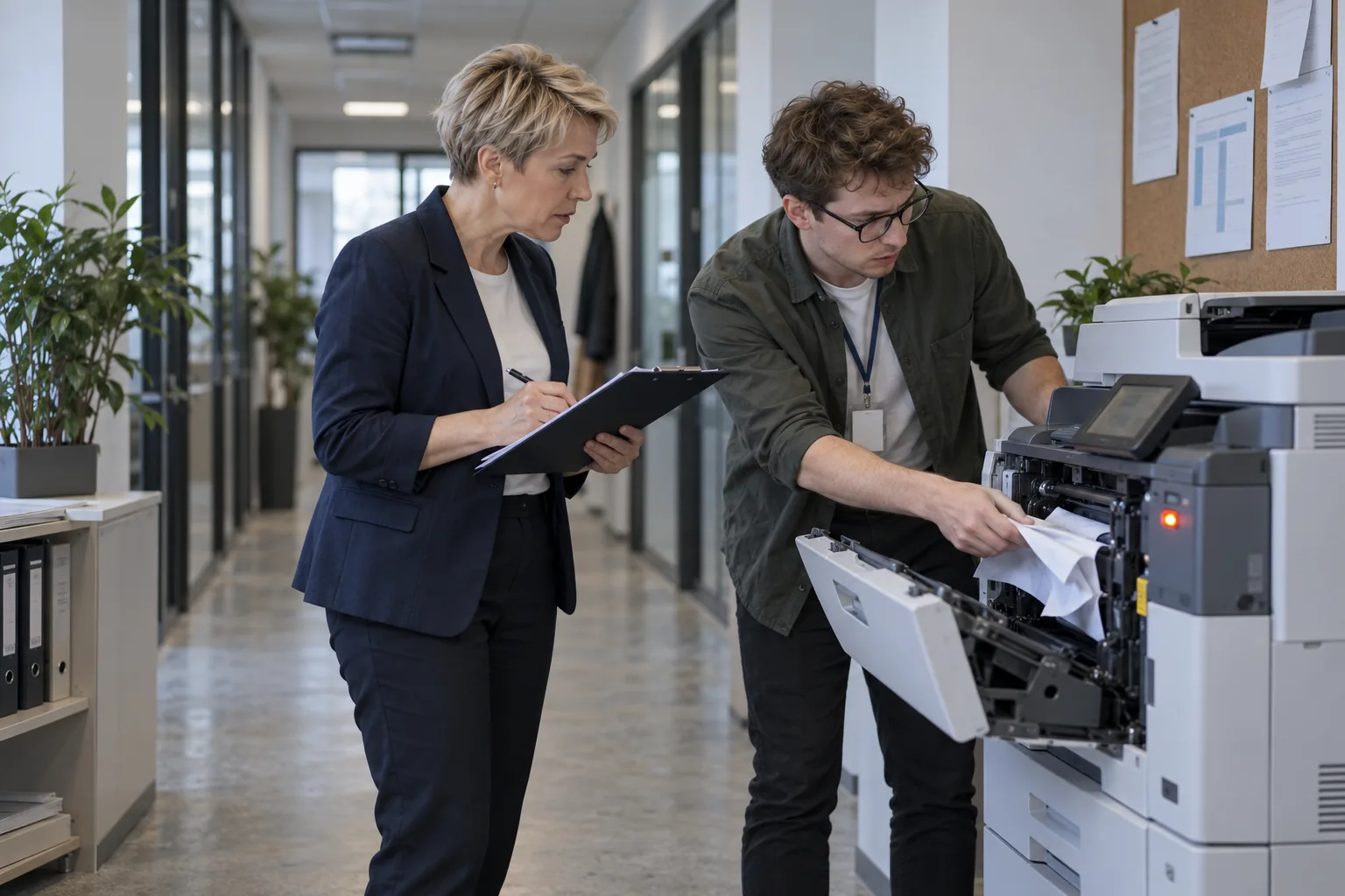 Office administrator reviews a request about a broken printer
