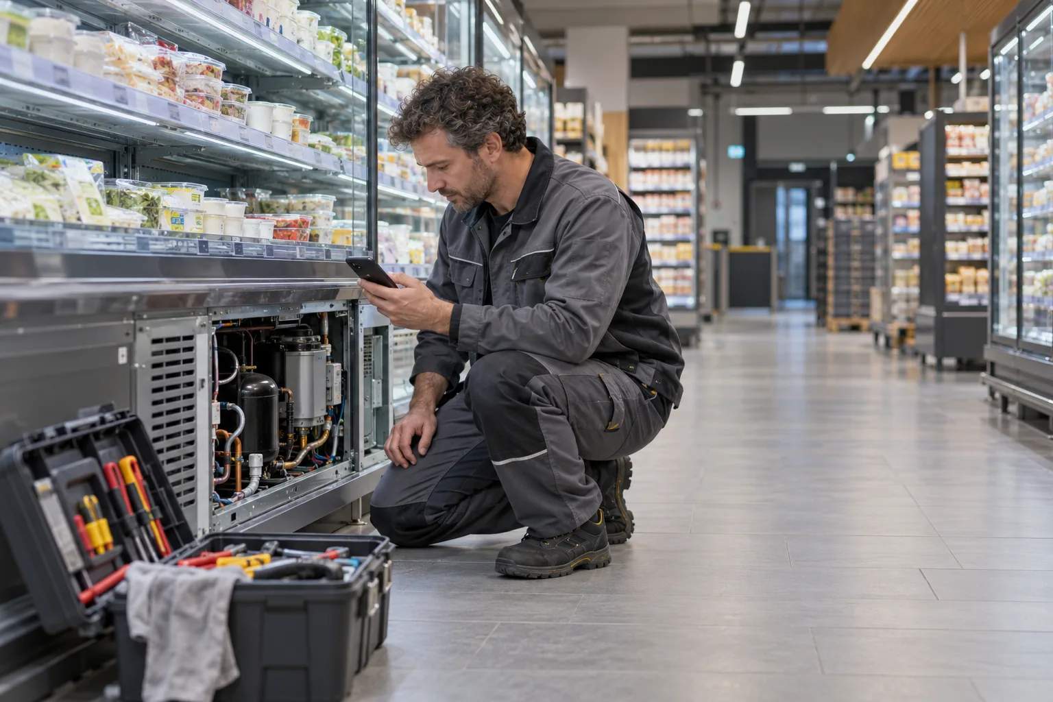Service technician at a refrigerated display case