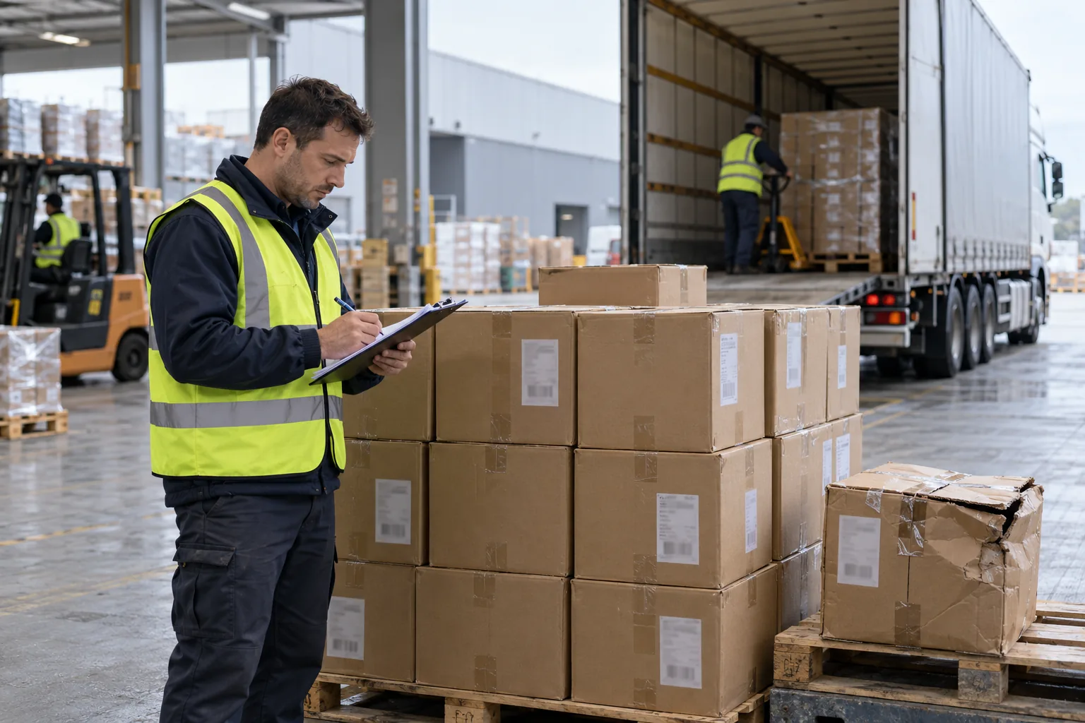 Warehouse employee checks delivery against an invoice