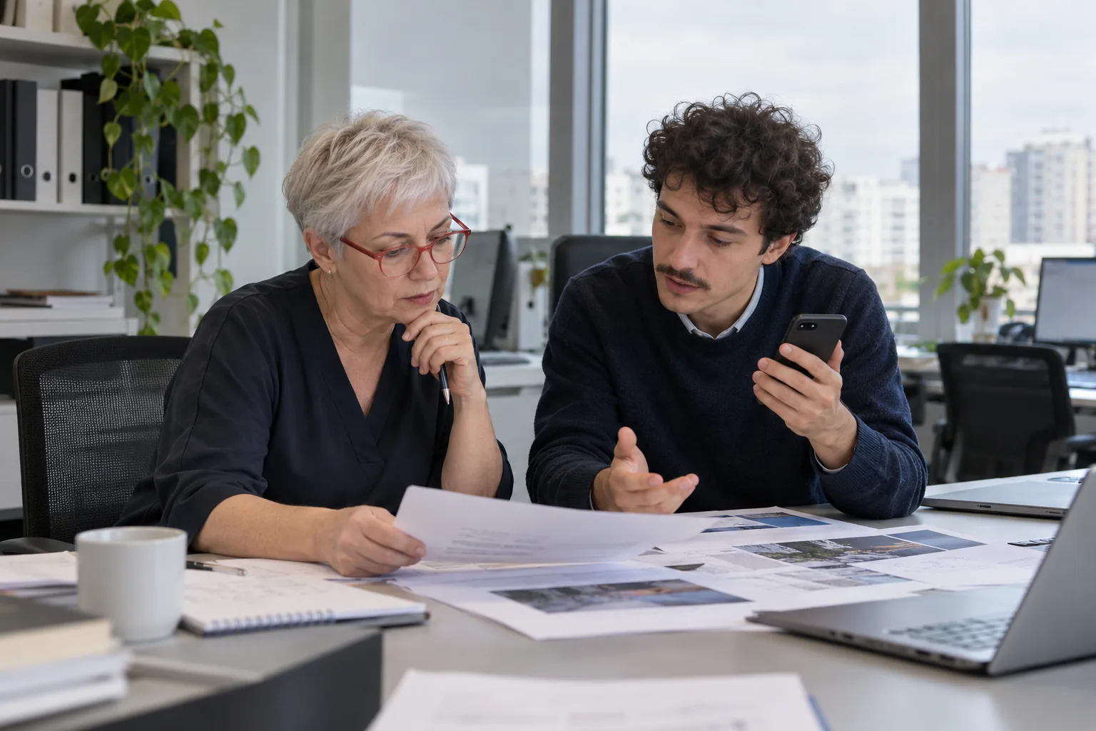 Employees review a contractor's project description before calling a recommender
